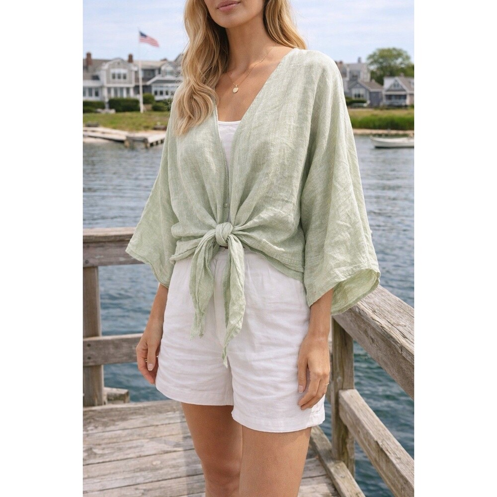 Christian Siriano Womens One Size Green Linen Blend Tie Front Open Cardigan Top